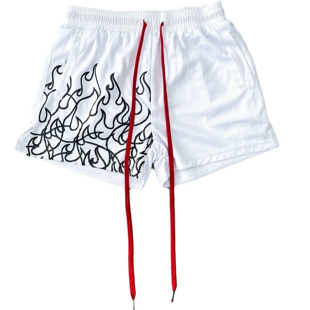 MUAY THAI FLAME SHORTS (MID THIGH CUT) - WHITE / BLACK