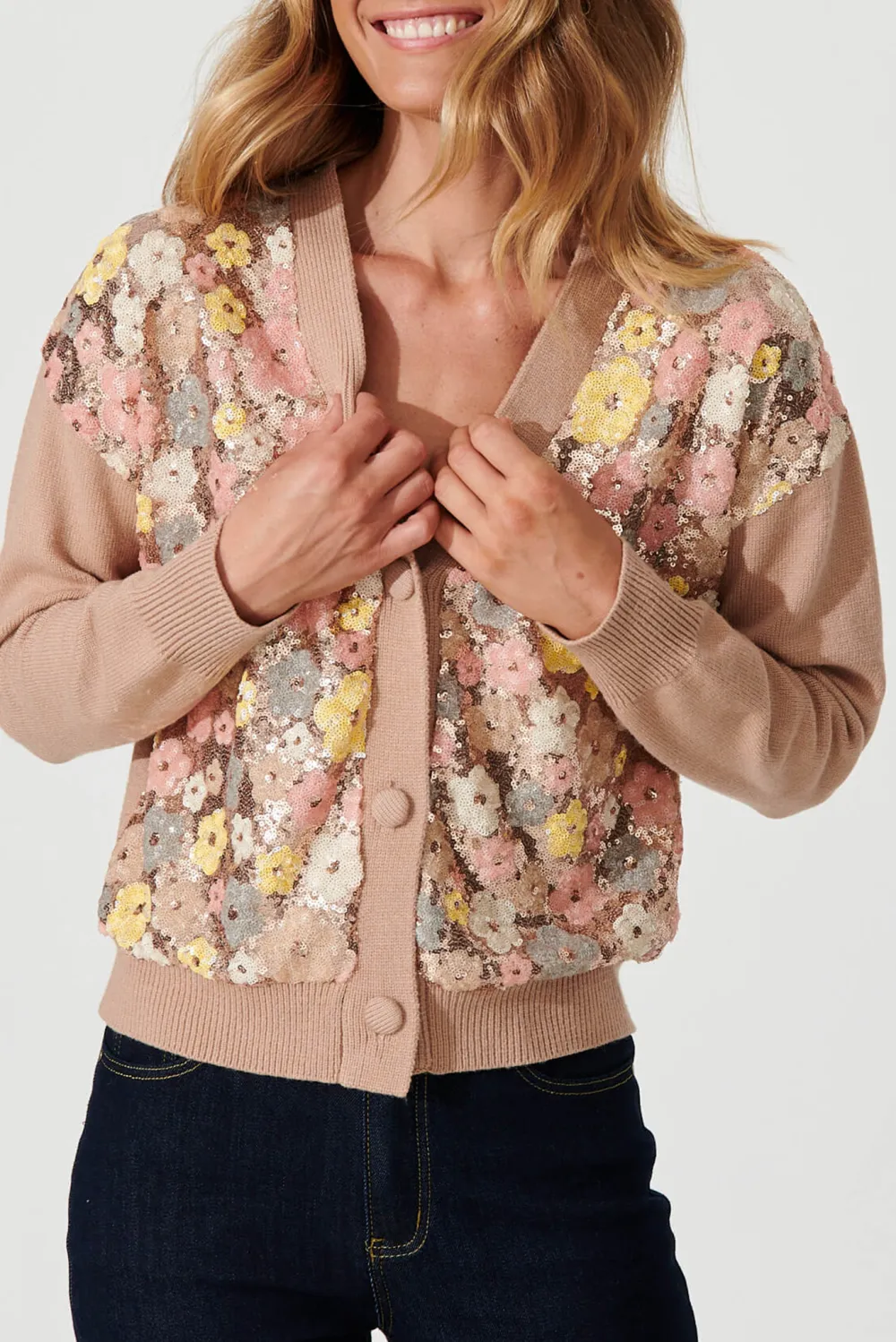 Brown Floral Sequined Cardigan