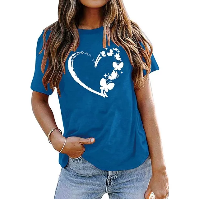 Women's T shirt Tee Cotton 100% Cotton Butterfly Heart pea green Black White Basic Print Short Sleeve Home Daily Date Basic Round Neck Regular Fit T-shirt Sleeve Summer