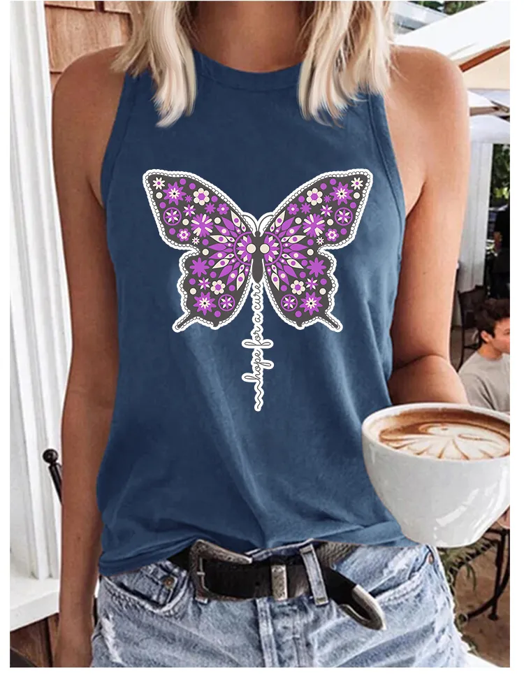 Women'S Round-Neck Sleeveless Vest With Butterfly Print Hope For A Cure