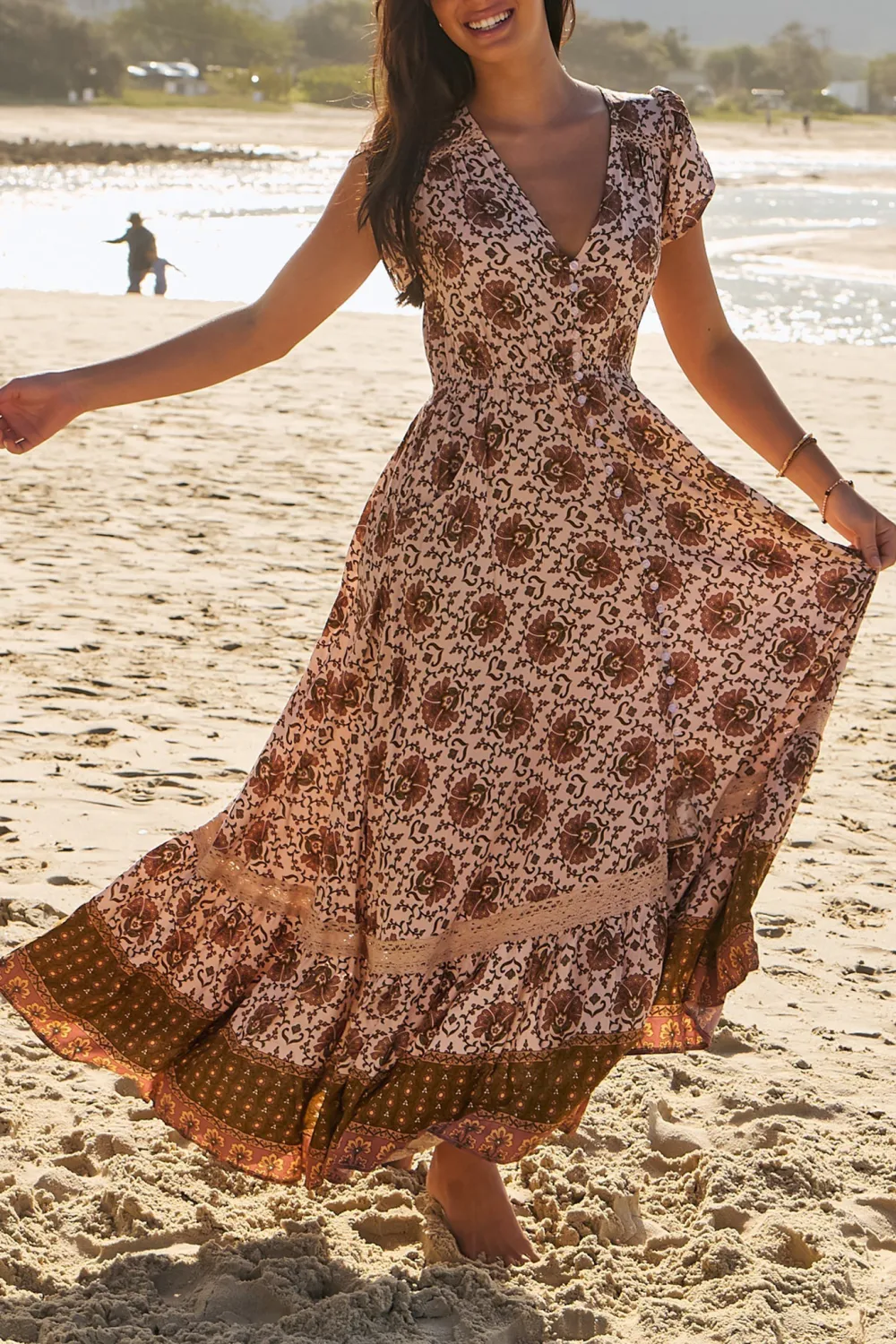 Brown Floral Print V Neck Maxi Dress