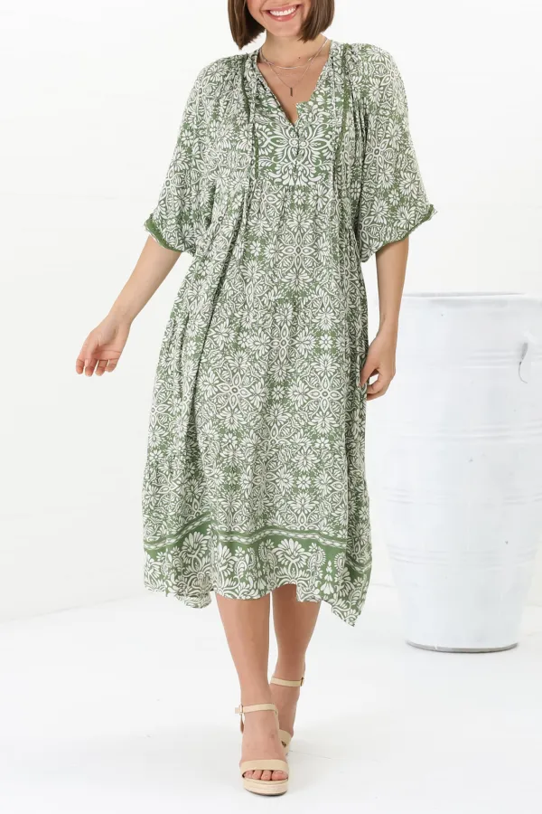 Green Patterned Lantern Sleeve Midi Dress