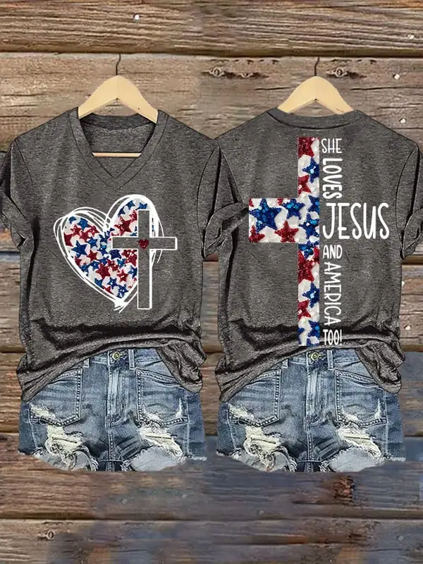 Woman'S She Loves Jesus And America Too! V-Neck Short-Sleeve T-Shirt