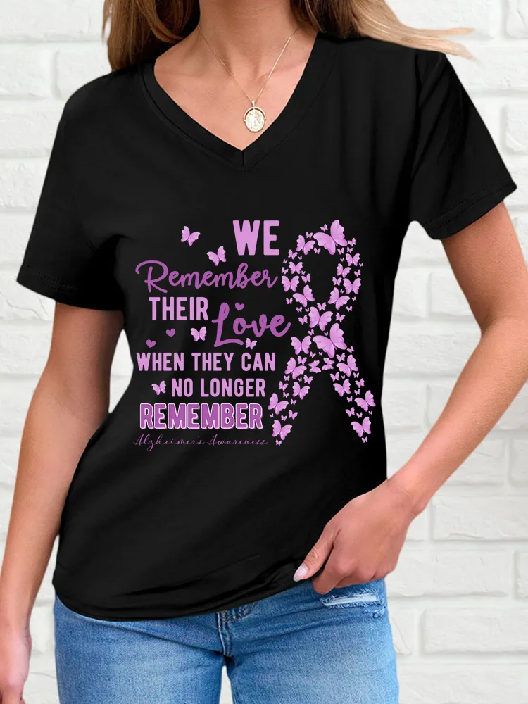 Women'S V-Neck Short-Sleeved T-Shirt We Remember Their Love When They Can No Longer Remember Alzheimer'S Awareness Prints