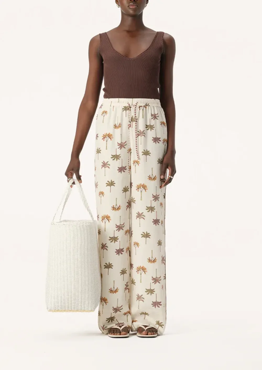 White Printed Wide Leg Pants