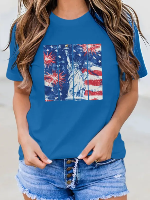 Woman'S The Print Of The Statue Of Liberty Round-Neck Short-Sleeved T-Shirt