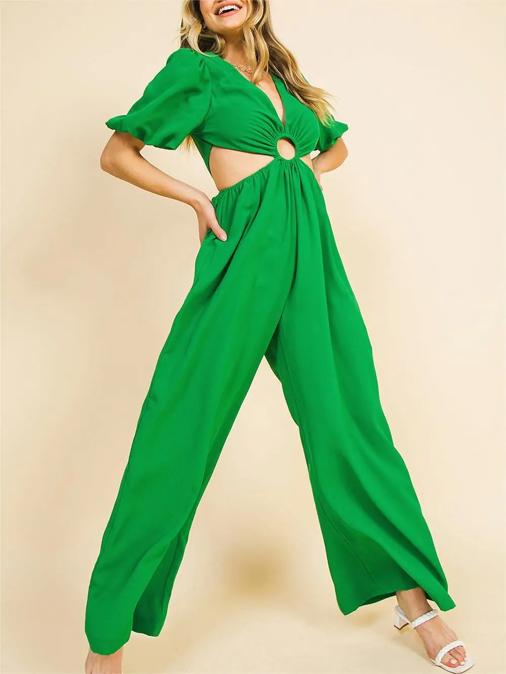 Emerald Green Cut - Out Puff - Sleeve Jumpsuit