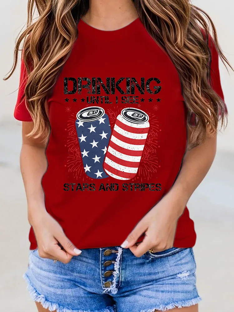 Woman'S Drinking Until I See Stars And Stripes Round-Neck Short-Sleeved T-Shirt
