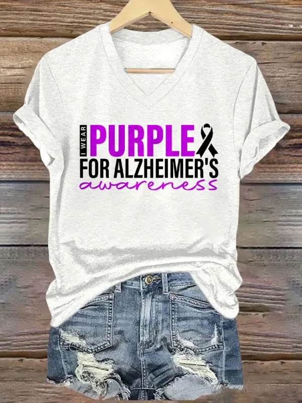 Women'S I Wear Purple For Alzheimer'S V-Neck Short-Sleeved T-Shirt