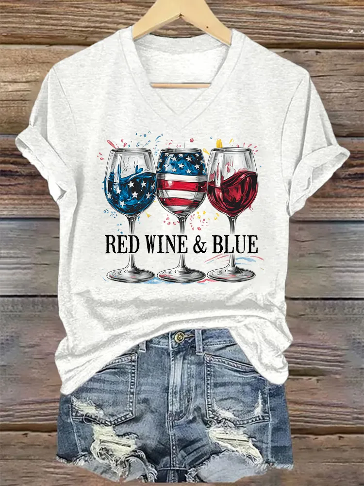 Woman'S Red Wine And Blue V-Neck And Short Sleeves T-shirt