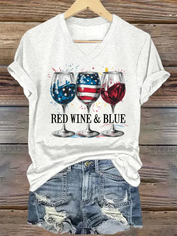 Woman'S Red Wine And Blue V-Neck And Short Sleeves T-shirt