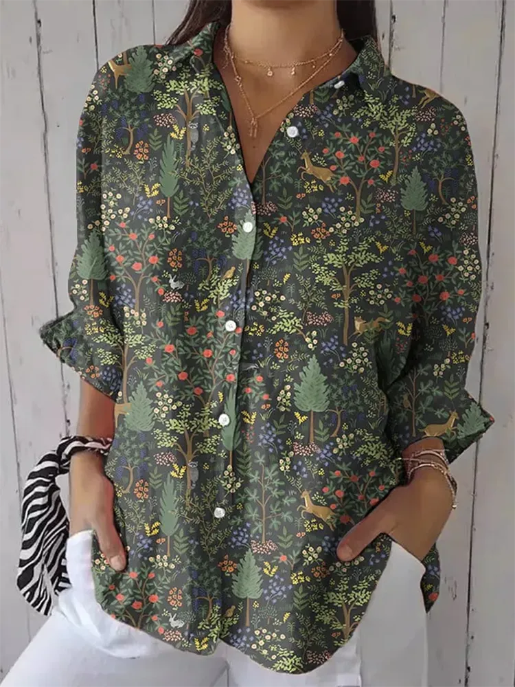 Women'S Long-Sleeved Lapel Shirt With Plant Prints