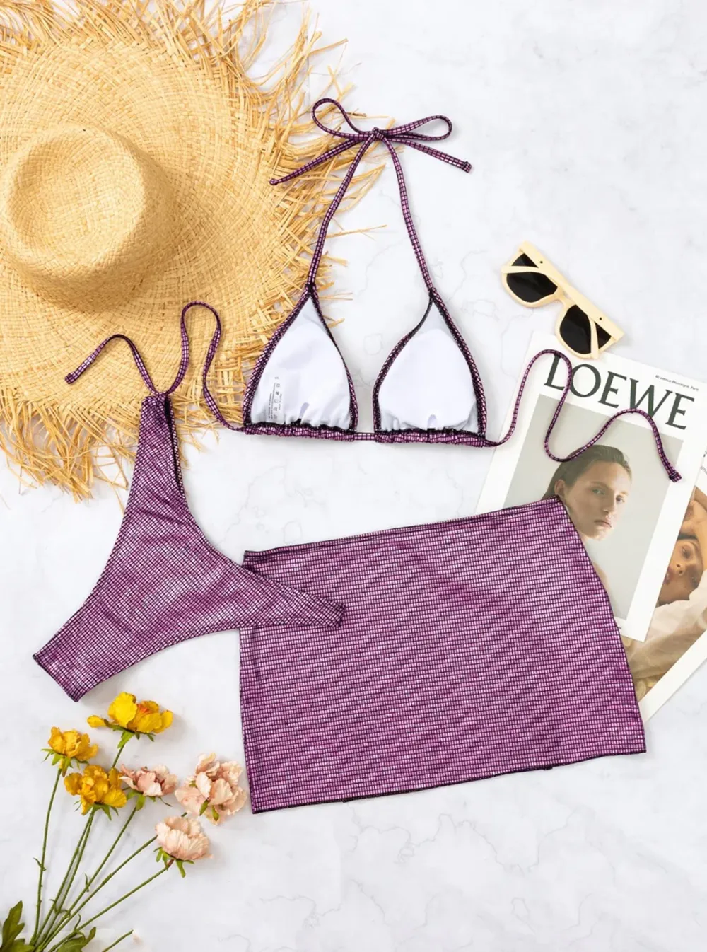 Purple Hanging Three Piece Bikini