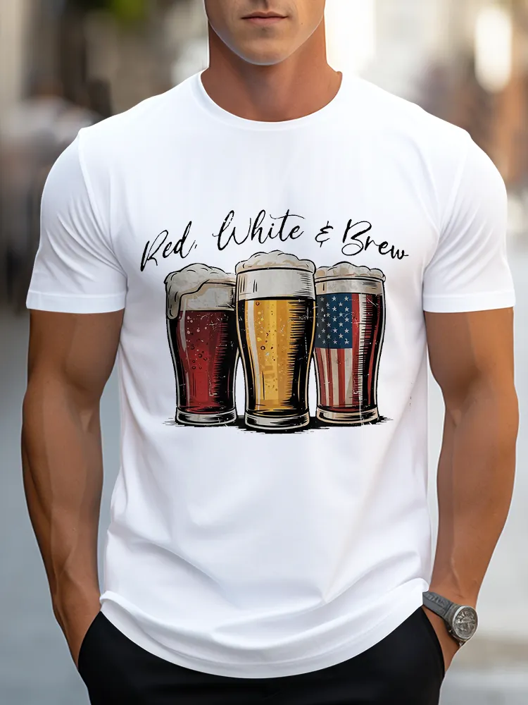 Man'S Red White A Brew Round-Neck Short-Sleeved T-Shirt