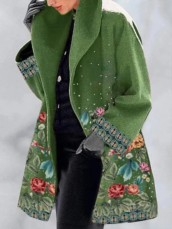 Round neck loose print hooded wool coat