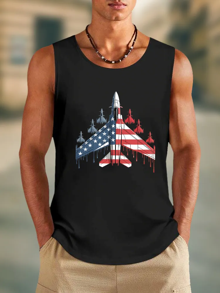 Men'S Stars And Stripes Airplane Print Round-Necked Sleeveless Vest