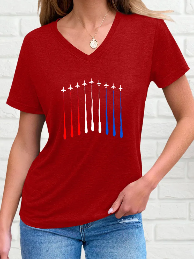 Woman'S Airplane Smoke-Pulling Performance Print V-Neck And Short Sleeves T-Shirt