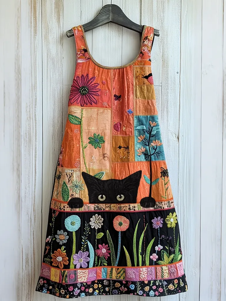 Vintage Abstract Creative Cute Cat In Floral Art Embroidered Cozy Linen Midi Dress