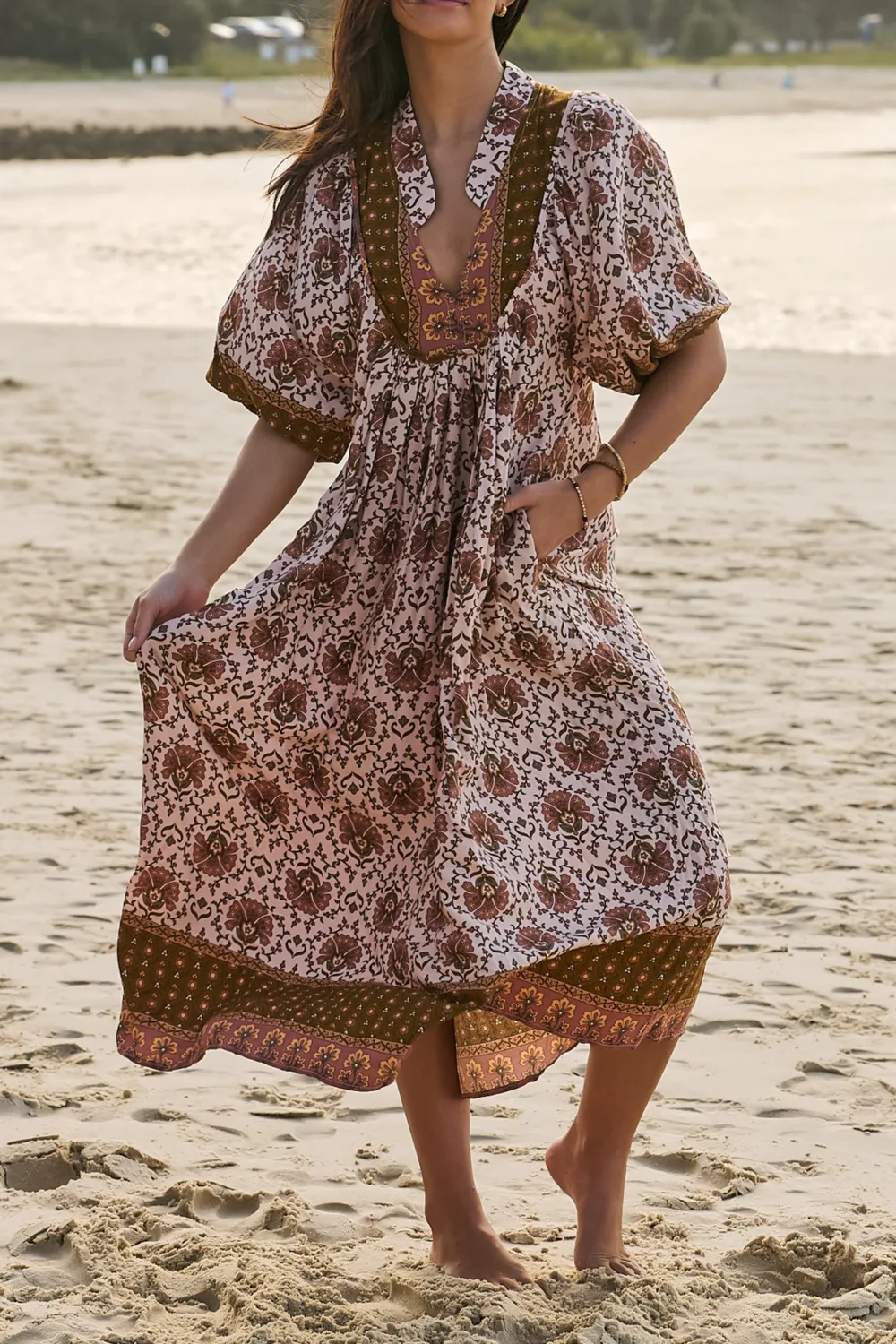 Brown Patterned V Neck Half Sleeve Maxi Dress