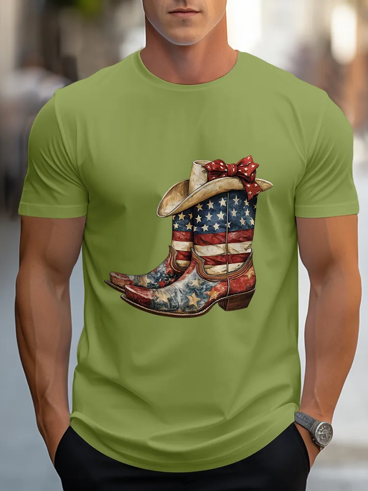 Man'S Star-Striped Western Boot Print Round-Neck Short-Sleeved T-Shirt