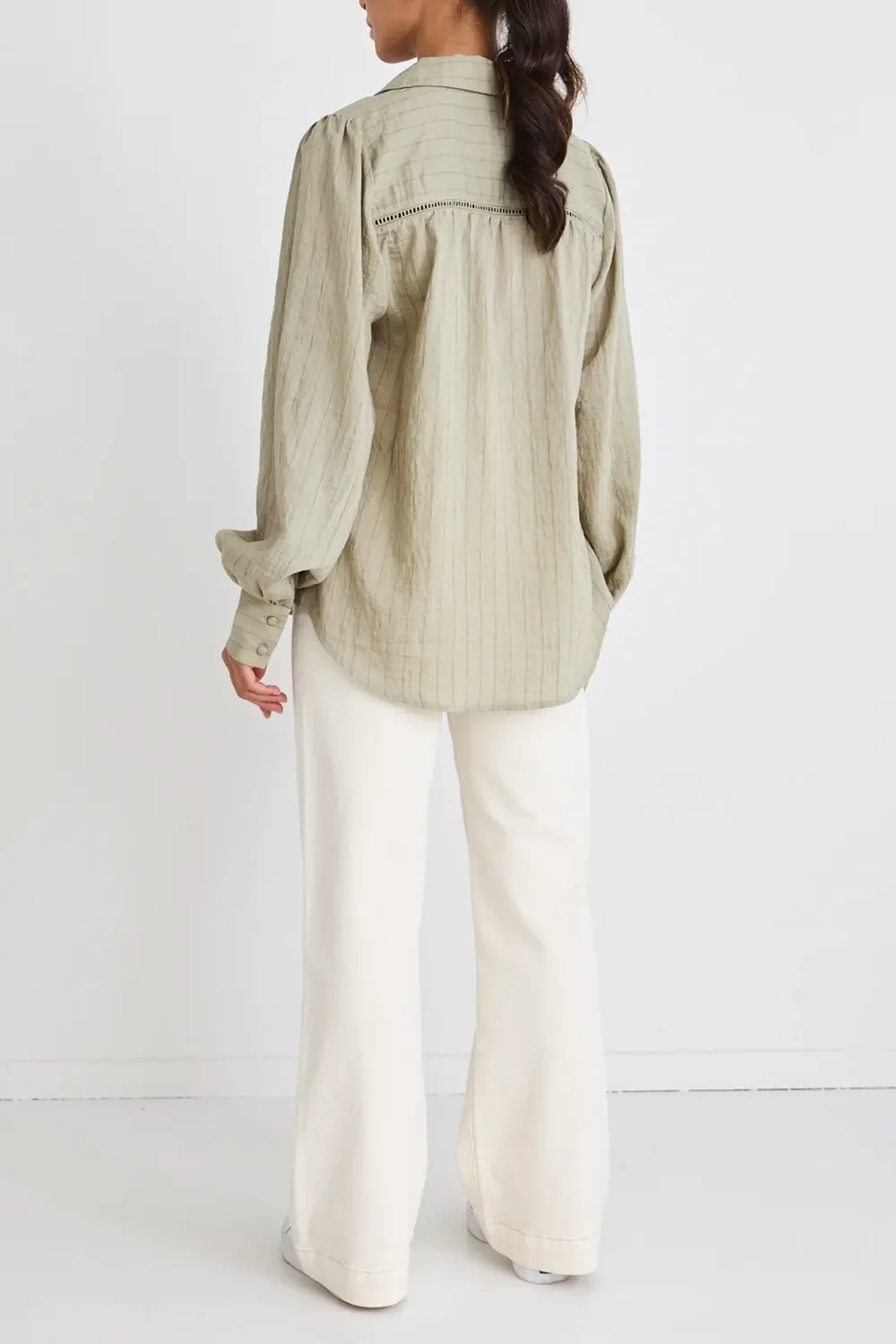 Khaki Stripe Lace Insert Blouse