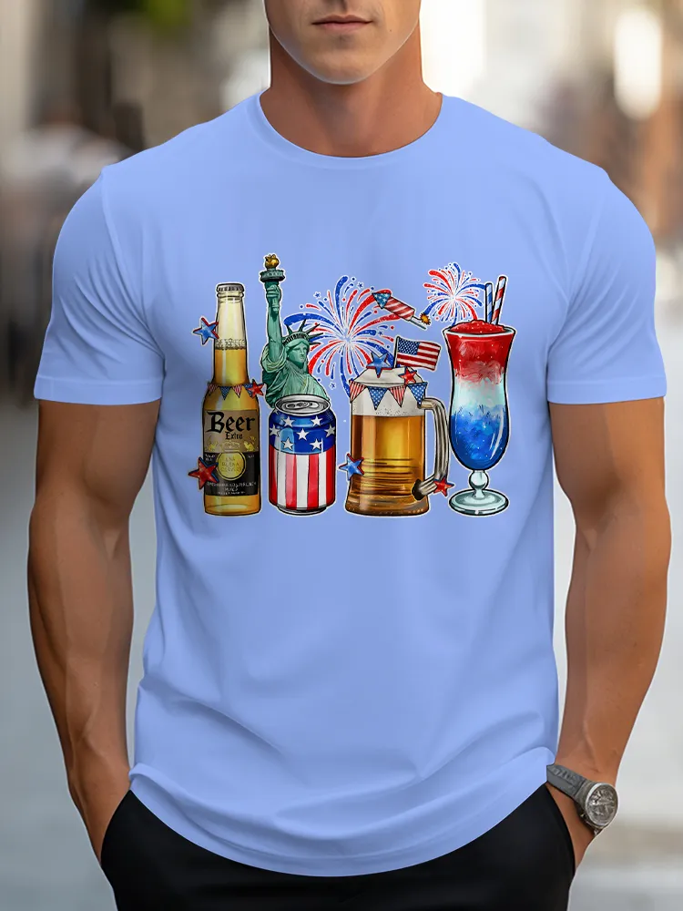 Man'S Fireworks And Wine Round-Neck Short-Sleeved T-Shirt