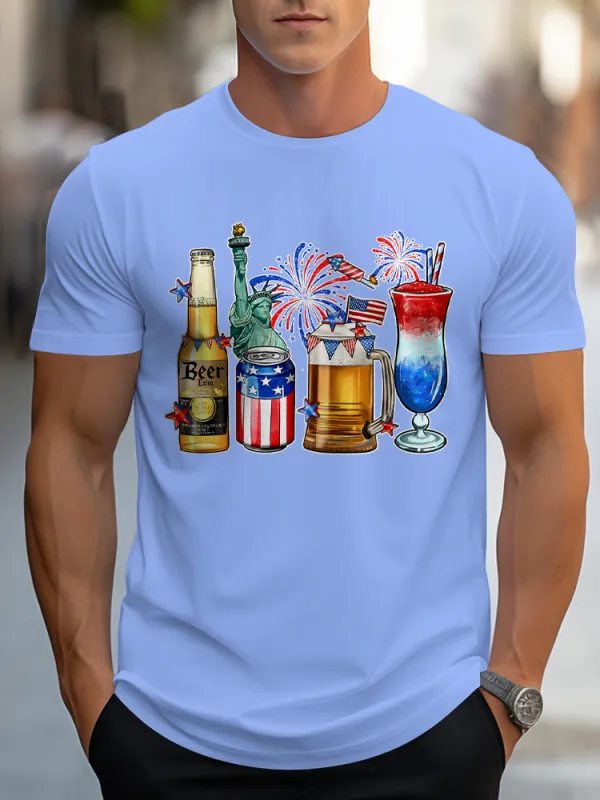 Man'S Fireworks And Wine Round-Neck Short-Sleeved T-Shirt
