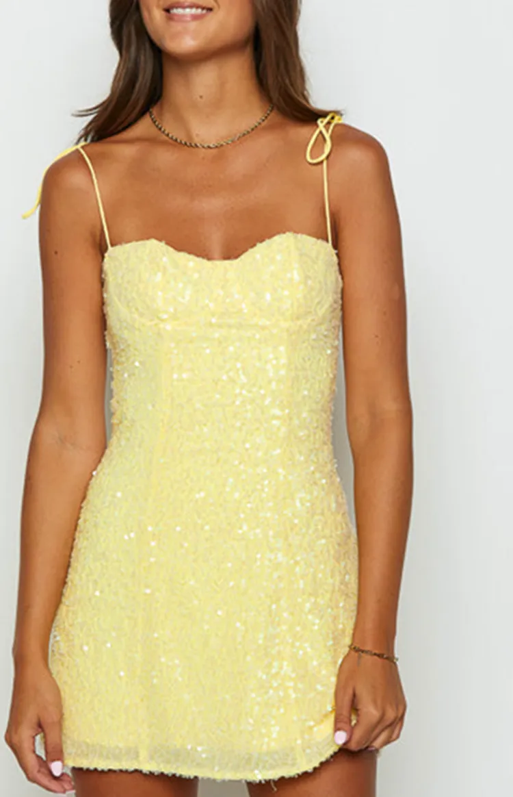 Sequin Sweetheart Neck Yellow Mini Dress