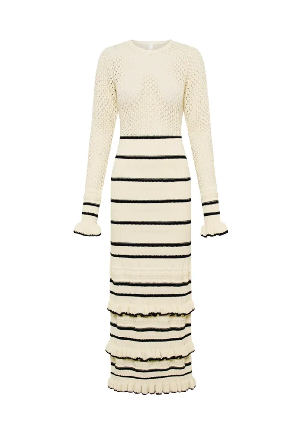 Crochet Knit Striped Ruffled Maxi Dress
