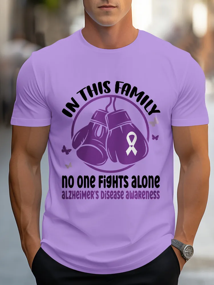 Men'S Round-Neck Short-Sleeved T-Shirt In This Family No One Fights Alone Alzheimer'S Disease Awareness Prints