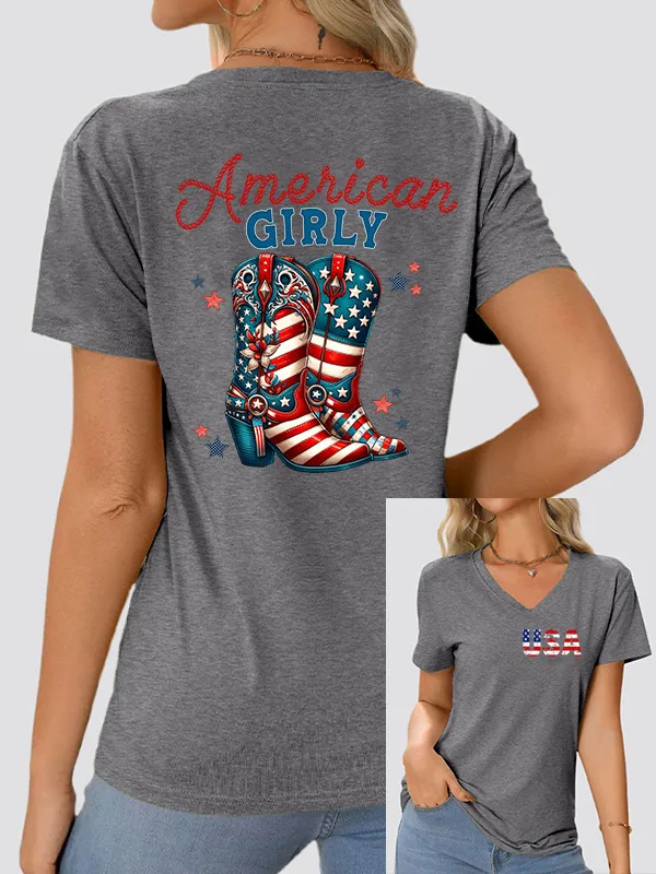 Woman'S America Girly V-Neck And Short Sleeves T-shirt