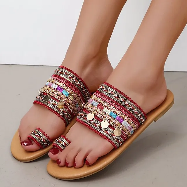 Women's Sandals Boho Bohemia Beach Flat Sandals Outdoor Slippers Outdoor Daily Beach Summer Sequin Flat Heel Open Toe Vintage Casual Minimalism Polyester Loafer Striped Black Red Green