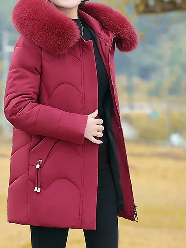 Women's Parka Warm Breathable Outdoor Street Daily Wear Going out Zipper Pocket Fur Collar Zipper Hoodie Fashion Modern Casual Street Style Solid Color Regular Fit Outerwear Long Sleeve Fall Winter