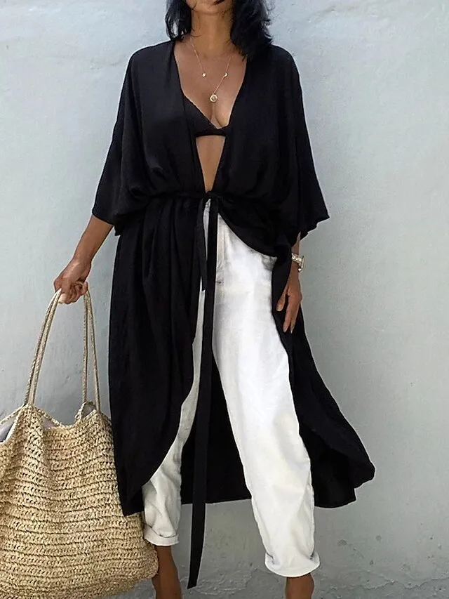 Women's Swimwear Cover Up Beach Top Normal Swimsuit Lace up Pleated UV Protection Pure Color Black White Red Royal Blue Beige V Wire Bathing Suits New Vacation Holiday