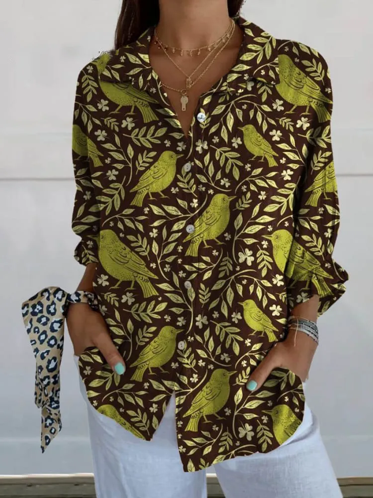 Women's Casual Flora and Fauna Printed Long Sleeve Cotton and Linen Shirt