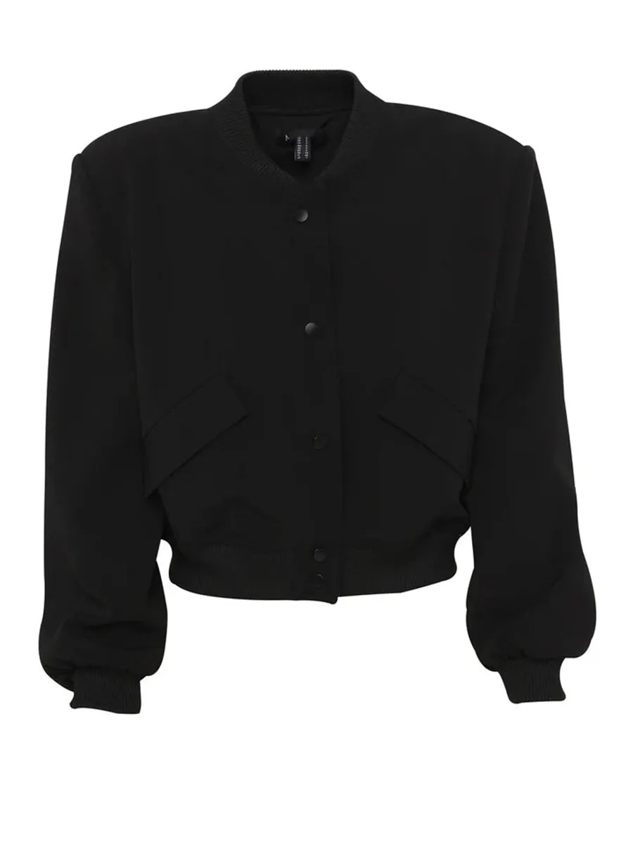 Black Cropped Button Front Bomber