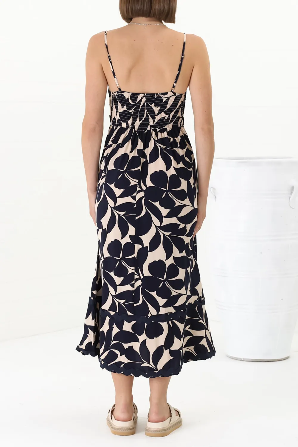 Navy Blue Leaf Print Asymmetric Midi Dress
