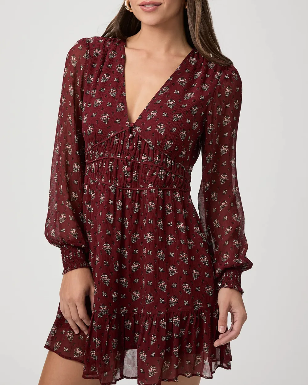 Burgundy Ditsy Print Long Sleeve Mini Dress