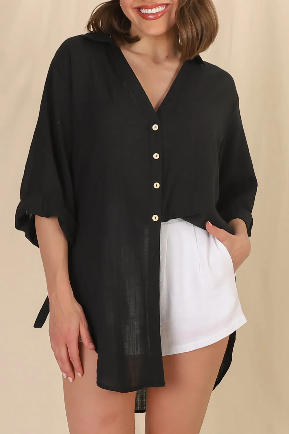 Black Oversized Button Up Longline Shirt