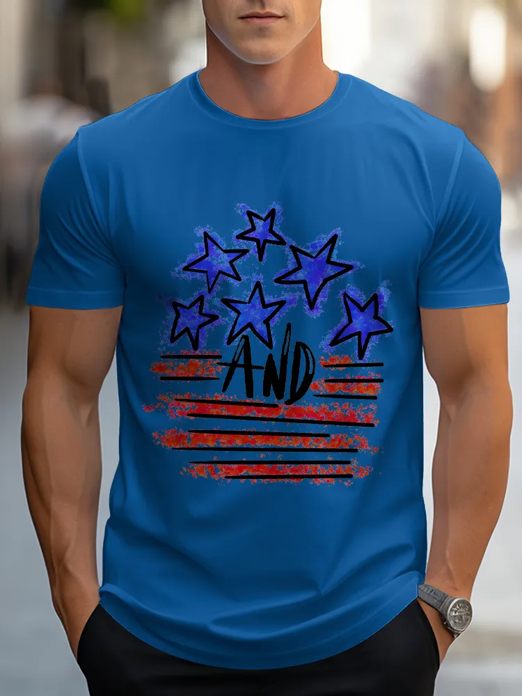 Man'S Star And Striped Prints Round-Neck Short-Sleeved T-Shirt