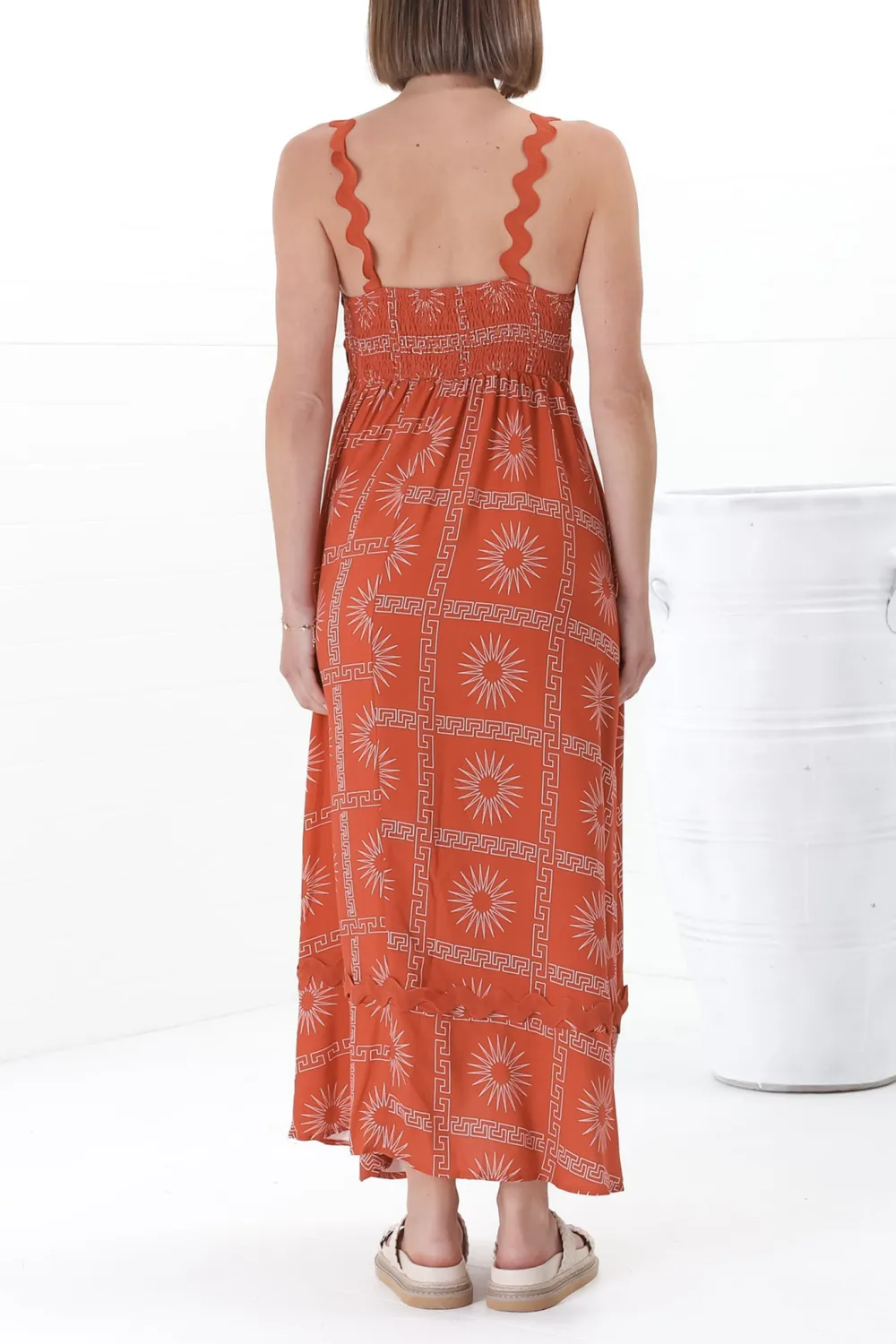 Orange Patterned Scallop Strap Maxi Dress