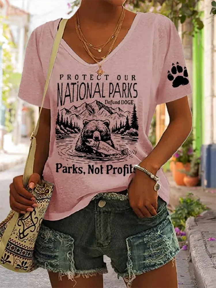 Woman'S Protect Our National Parks Defund Doge Parks, Not Profits V-Neck Short-Sleeve T-Shirt
