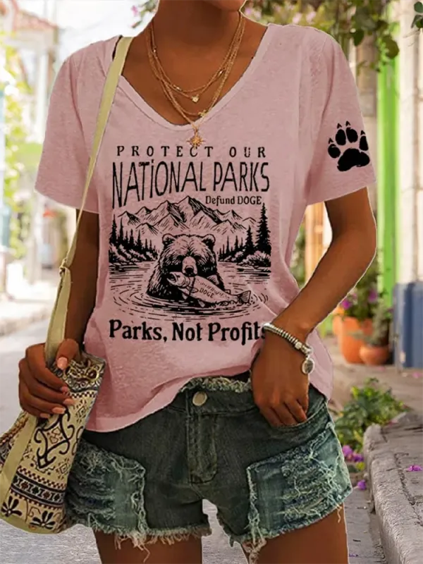 Woman'S Protect Our National Parks Defund Doge Parks, Not Profits V-Neck Short-Sleeve T-Shirt