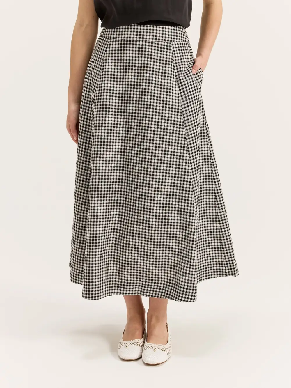 Black Houndstooth Tailored Midi Skirts