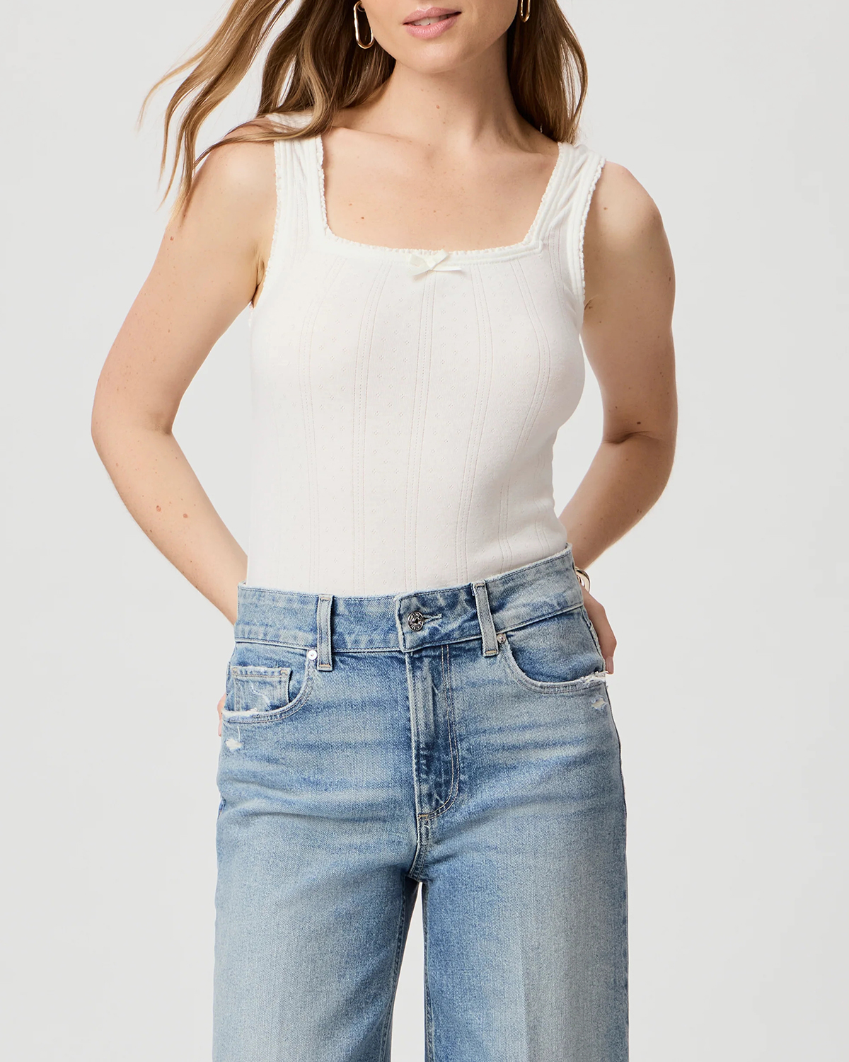 White Pointelle Stitched Square Neck Tank Top