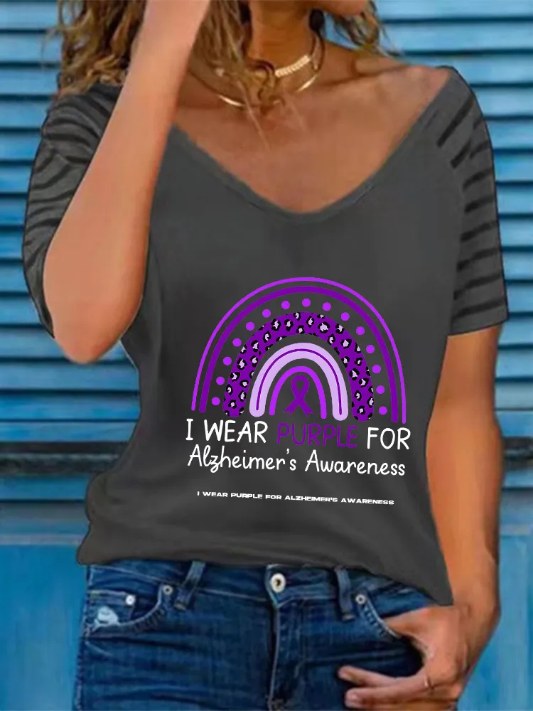 Women'S I Wear Purple For Alzheimer'S Awareness V-Neck Short-Sleeved T-Shirt