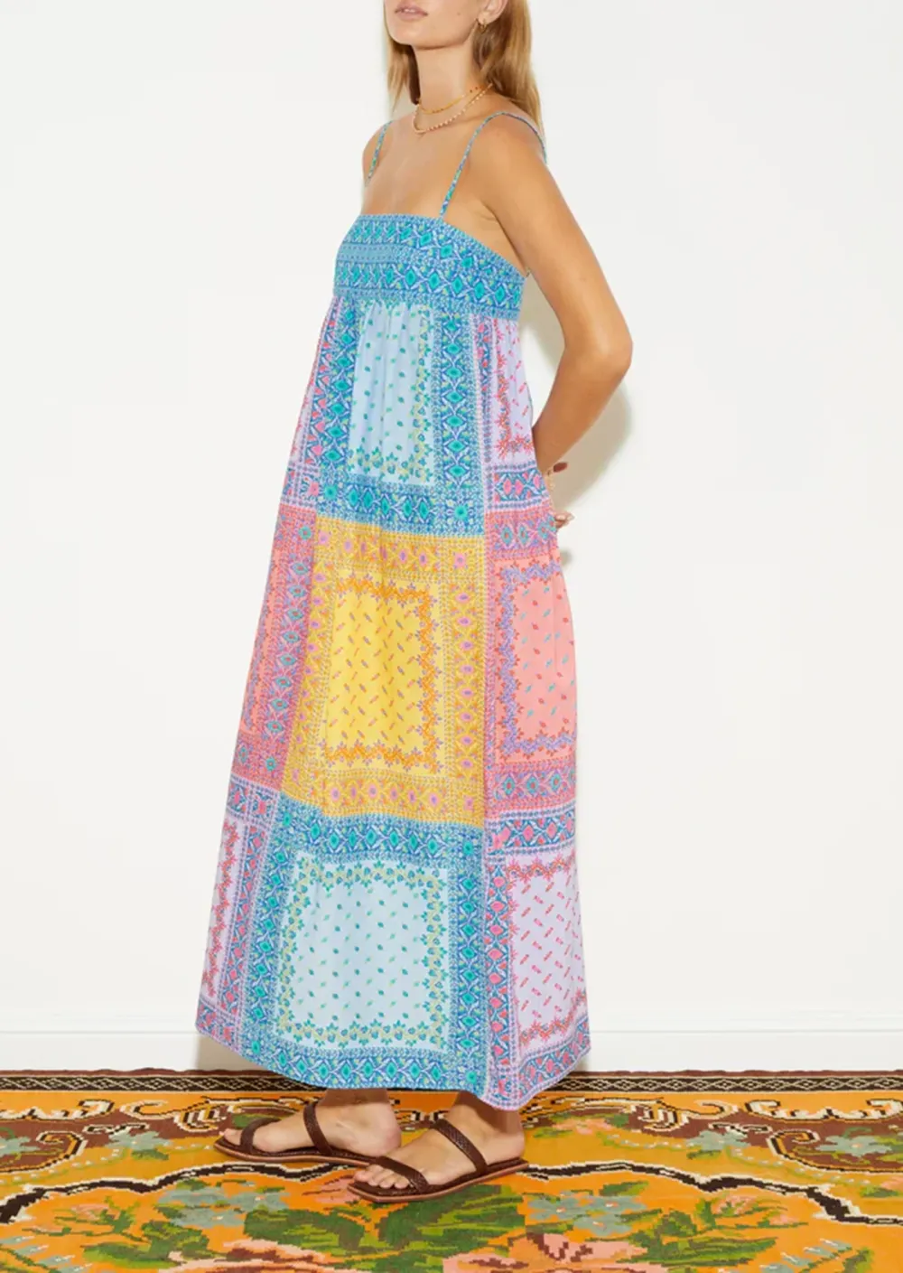 Patchwork Puff Sleeve Maxi Smock Dress