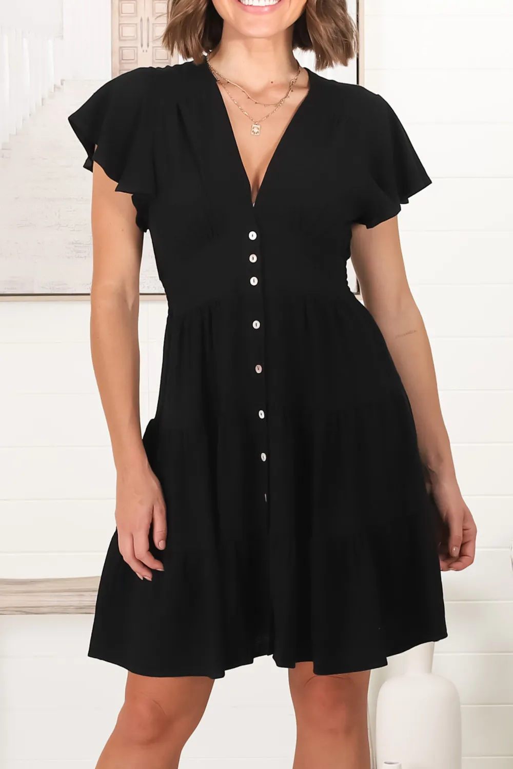 Black V Neck Button Front Ruffle Dress