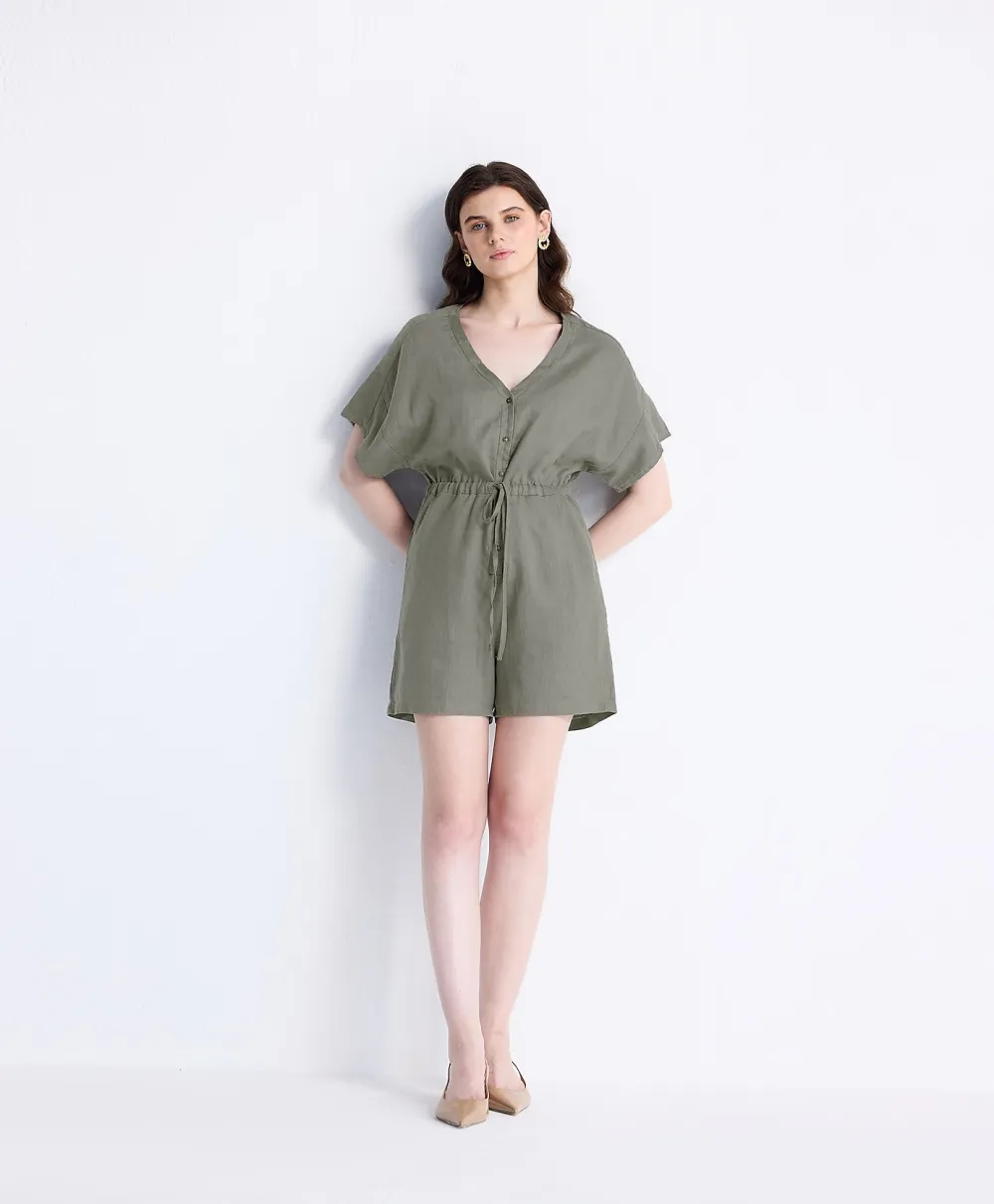 Reistor® V neck Drawstring Dark Green Romper in 100% Hemp