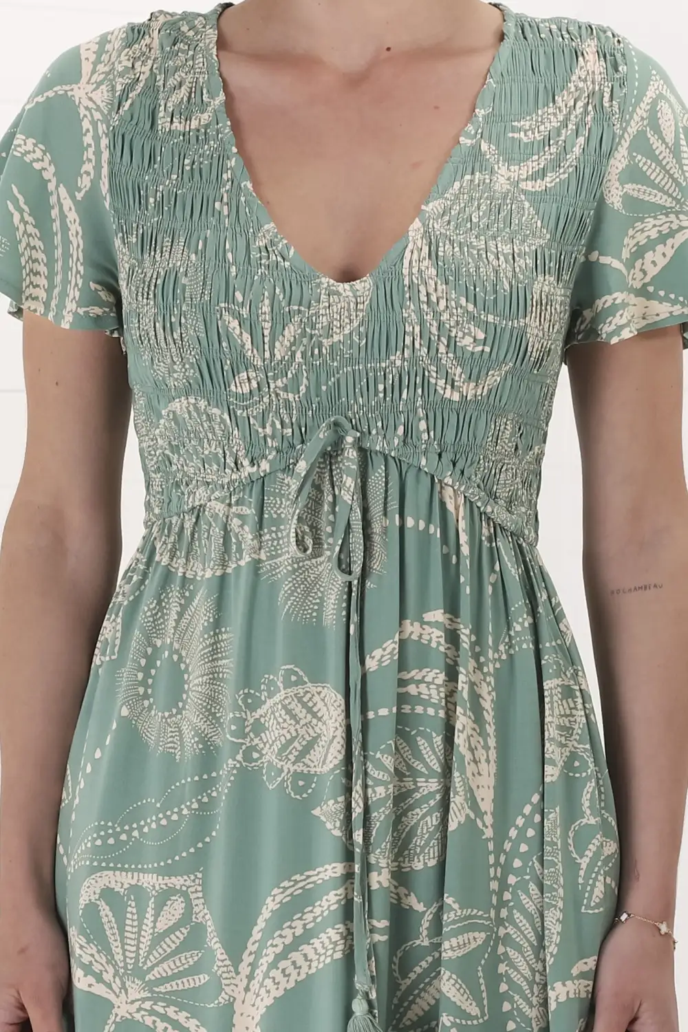 Light Green Leaf Print Tiered Maxi Dress